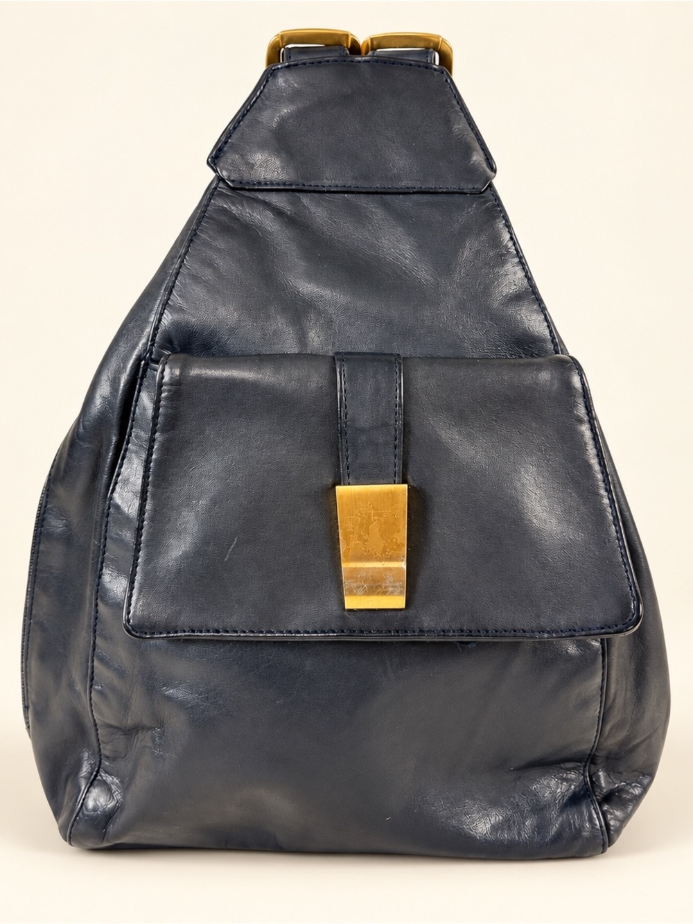 Vintage Valerie Stevens Navy Leather Backpack Purse Gold Tone Hardware